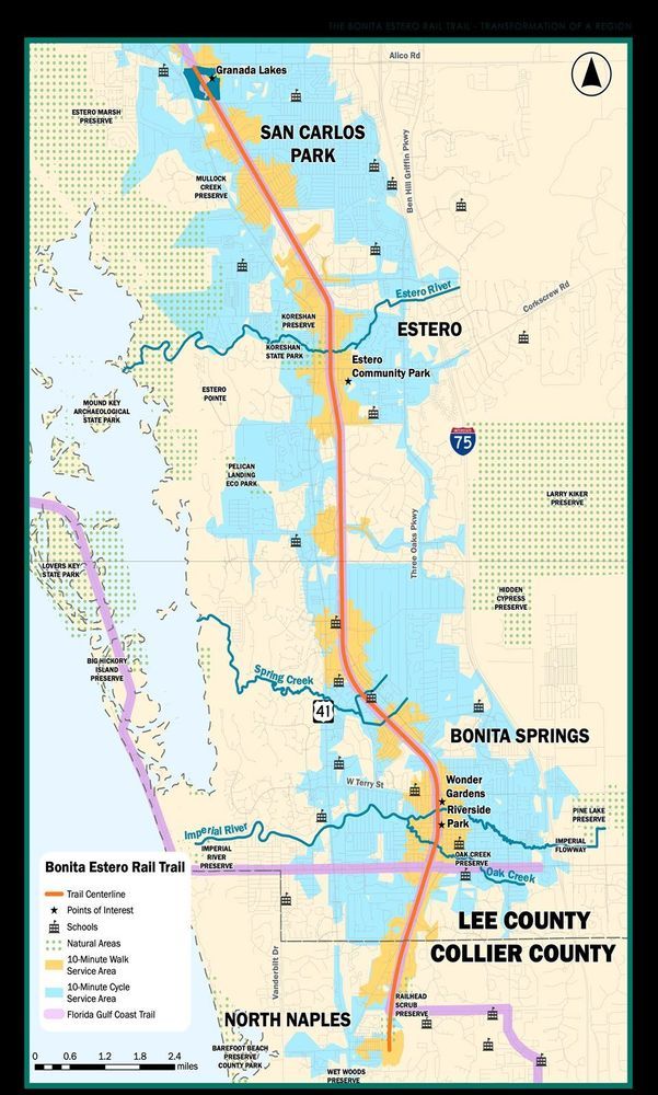 Official map of the Bonita Estero Rail Trail corridor running from San Carlos Park through Estero and Bonita Springs to North Naples