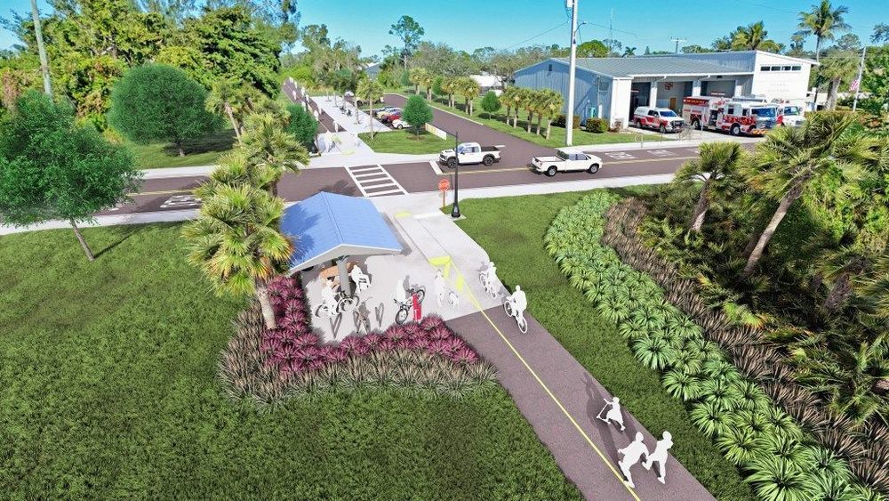 Rendering of the planned San Carlos Crossing trailhead, showing the paved trail, a covered rest stop, and safe road crossing